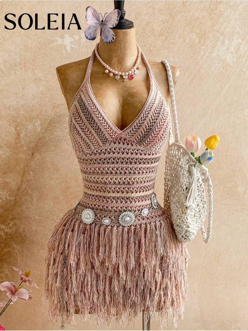 SHEIN Pink Crochet Halter Fringe Mini Coverup